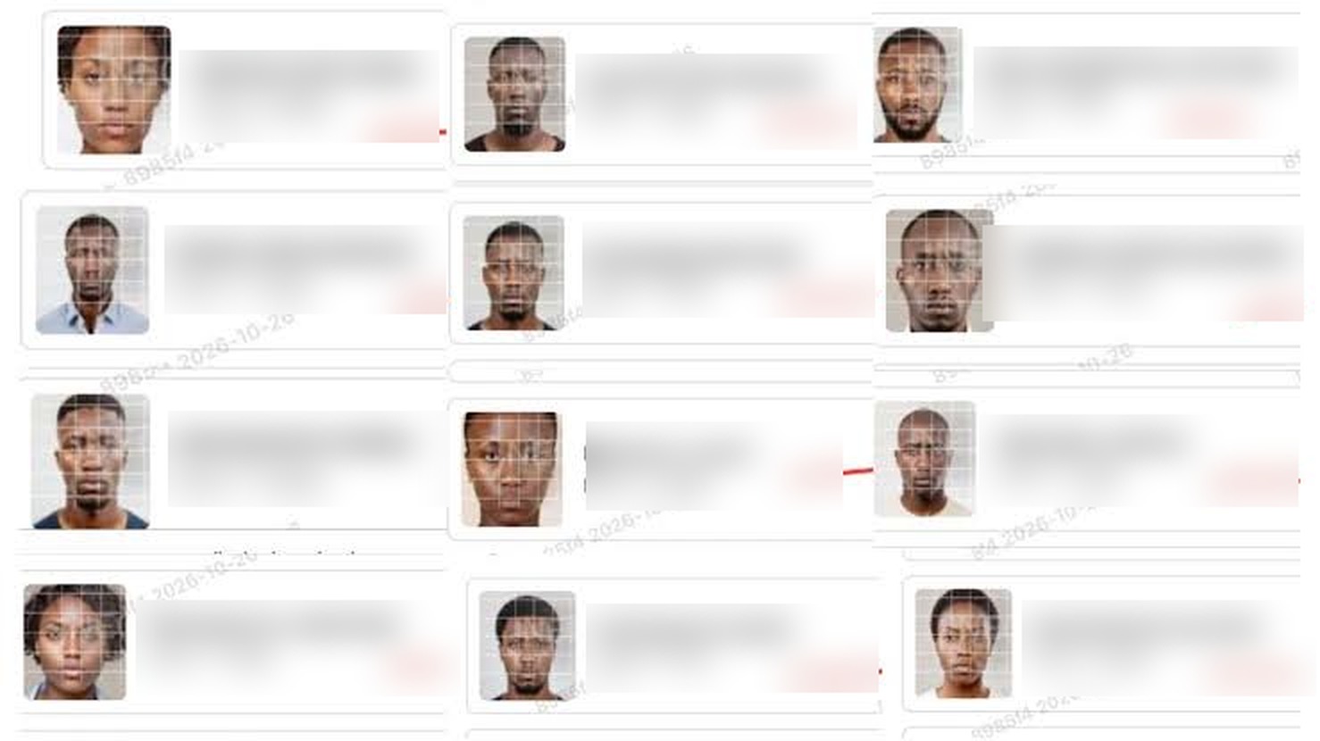 Voter register entries with photos overlaid by a grid pattern, names blurred
