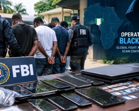Illustration of FBI agents with seized devices for the Operation Blackout scam centre crackdown in Nigeria