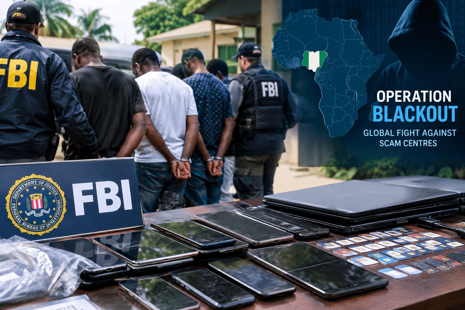 Illustration of FBI agents with seized devices for the Operation Blackout scam centre crackdown in Nigeria