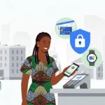 Illustration of a woman paying by tapping her phone on a card terminal, with icons for a boarding pass, a security shield and a smartwatch