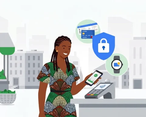 Illustration of a woman paying by tapping her phone on a card terminal, with icons for a boarding pass, a security shield and a smartwatch