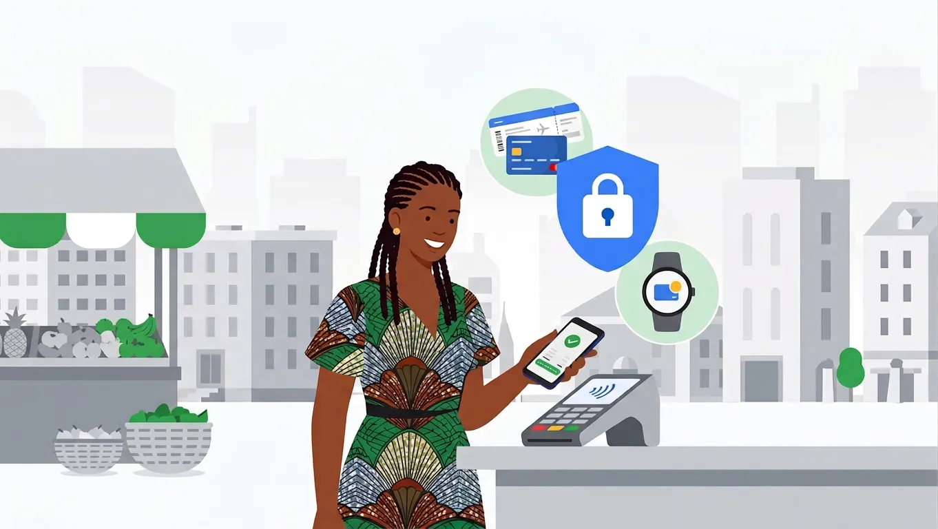 Illustration of a woman paying by tapping her phone on a card terminal, with icons for a boarding pass, a security shield and a smartwatch