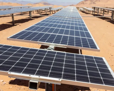 Rows of solar panels on a desert solar farm under a clear sky
