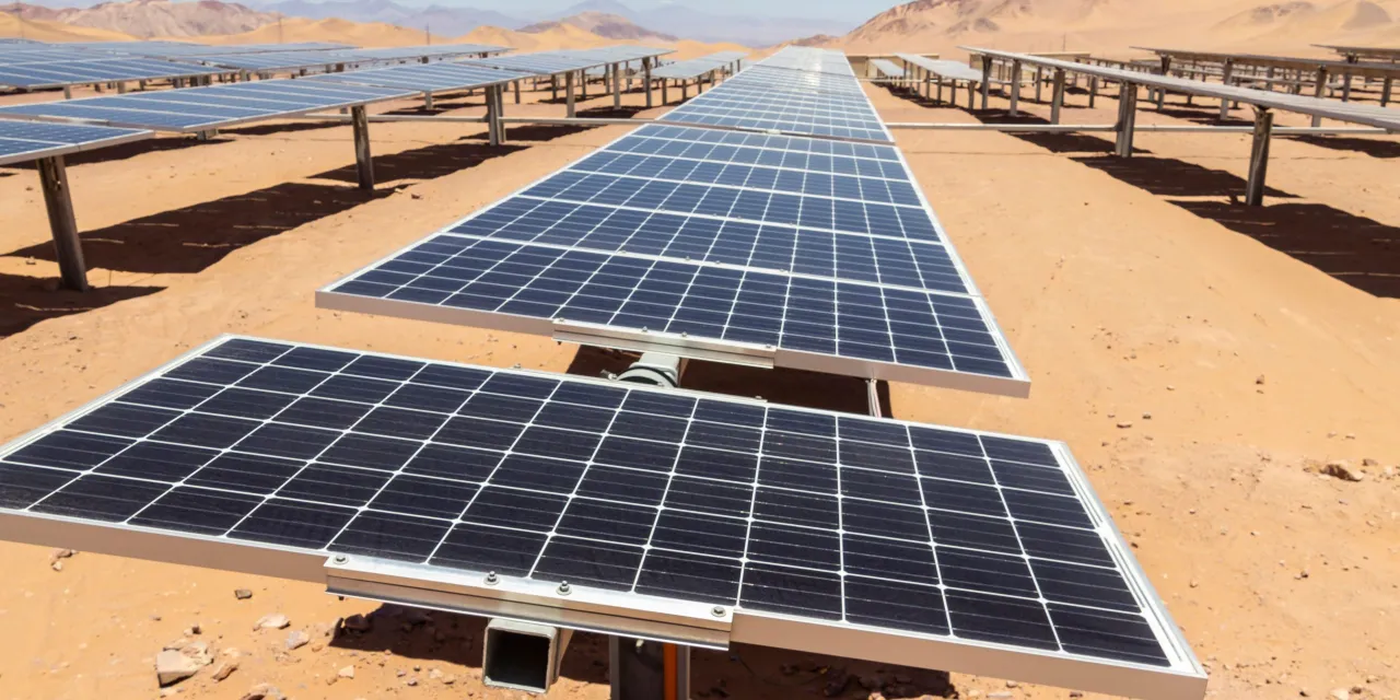 Rows of solar panels on a desert solar farm under a clear sky