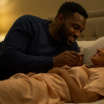 A couple lying in bed in warm lamplight, smiling at each other as he hands her a drink