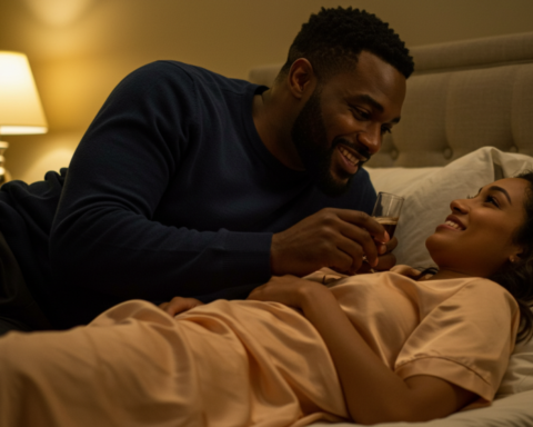 A couple lying in bed in warm lamplight, smiling at each other as he hands her a drink