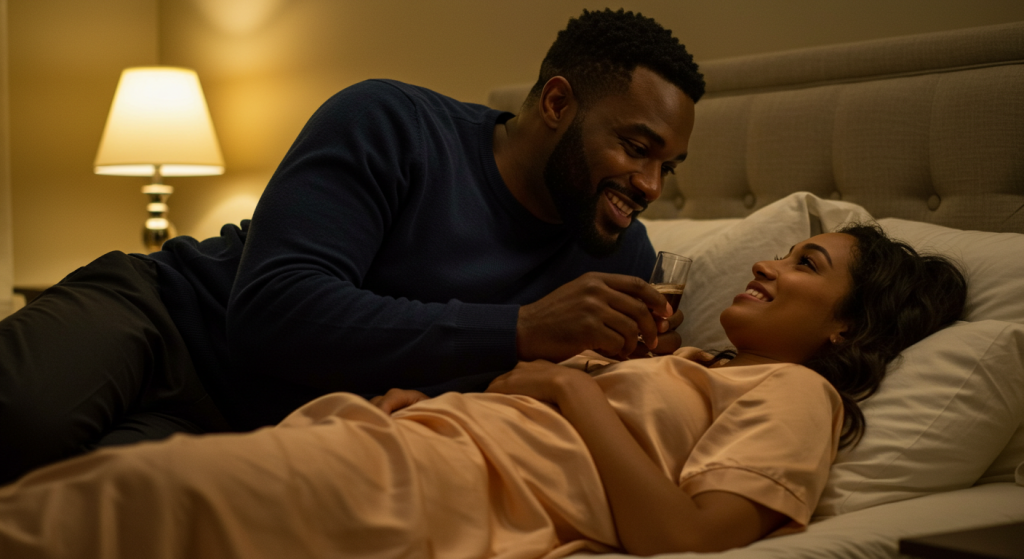A couple lying in bed in warm lamplight, smiling at each other as he hands her a drink