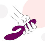 Line illustration of a hand holding a purple vibrator against a pale pink and grey circle background