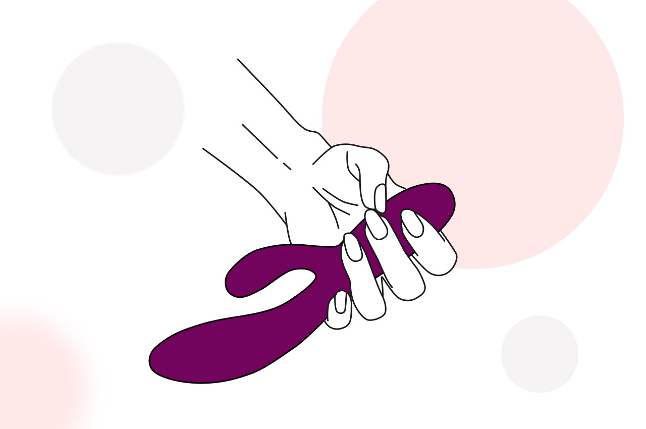 Line illustration of a hand holding a purple vibrator against a pale pink and grey circle background