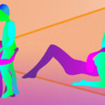 Colourful flat illustration of two figures in different oral sex positions on an orange and pink background