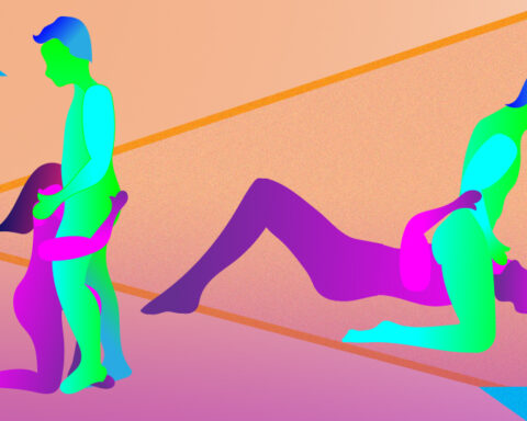 Colourful flat illustration of two figures in different oral sex positions on an orange and pink background