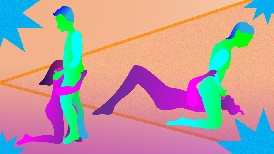 Colourful flat illustration of two figures in different oral sex positions on an orange and pink background