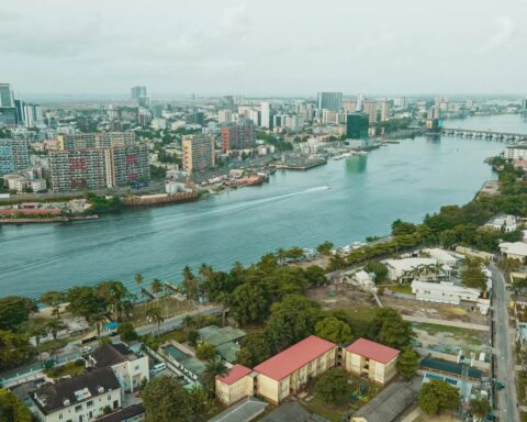 Aerial view of the Lagos skyline and lagoon with Ikoyi and Victoria Island in the distance