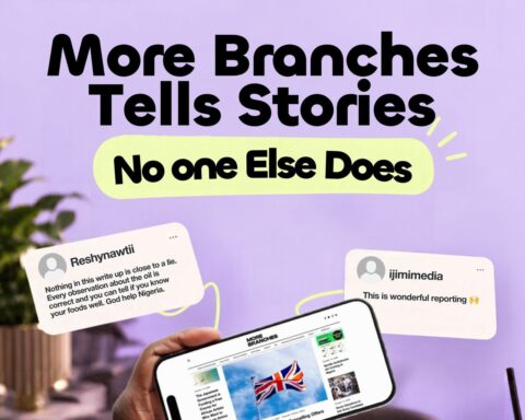 MoreBranches audience survey graphic: "More Branches Tells Stories No one Else Does" with reader comments and the MoreBranches site on a phone